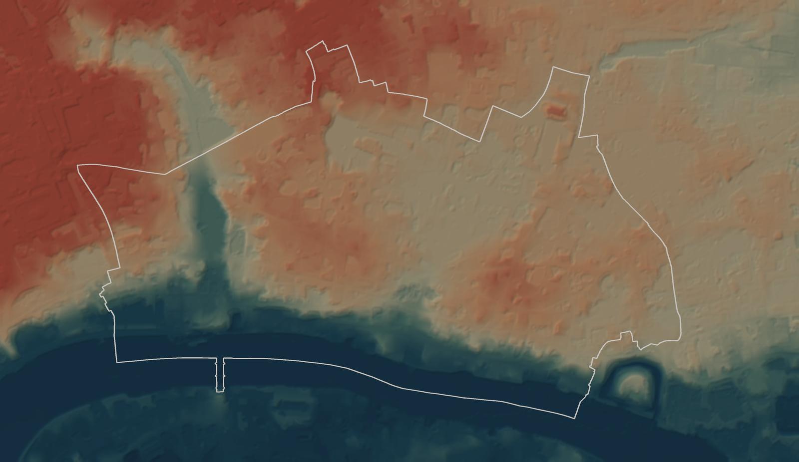 Relief map of the City of London's ground with every building removed: two low hills, the valleys of the lost Walbrook and Fleet rivers and the Thames, with the City boundary drawn on top.